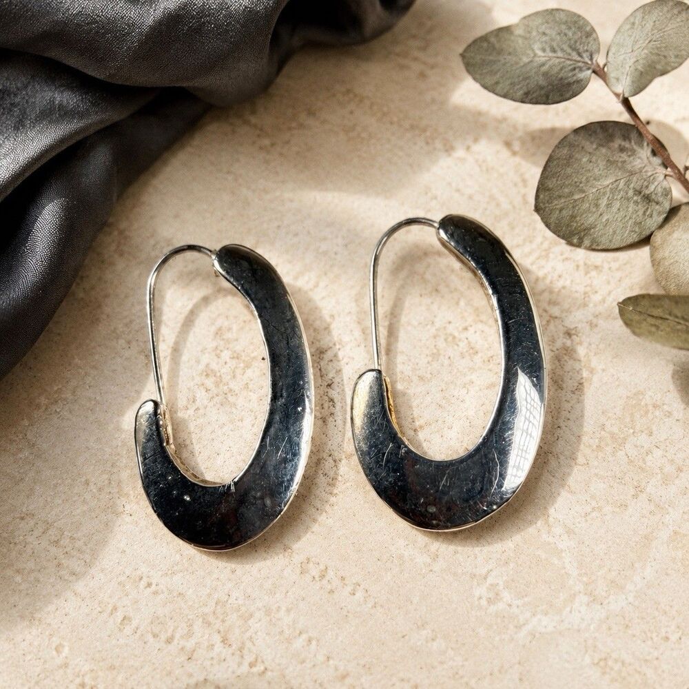 Vintage Silver Tone Sculptural Oval Hoop Earrings Modernist Statement Pierced